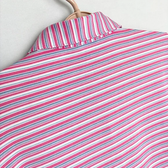 Peter Millar Summer Comfort Golf Polo Men Sz L Blue White Pink Stripe Preppy EUC - Picture 11 of 15